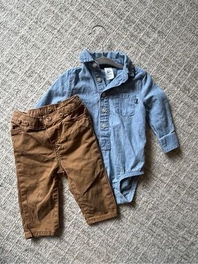 babyBGosh 3-6M Tan Pants with Chambray Detail Onesie and Grey Sweater